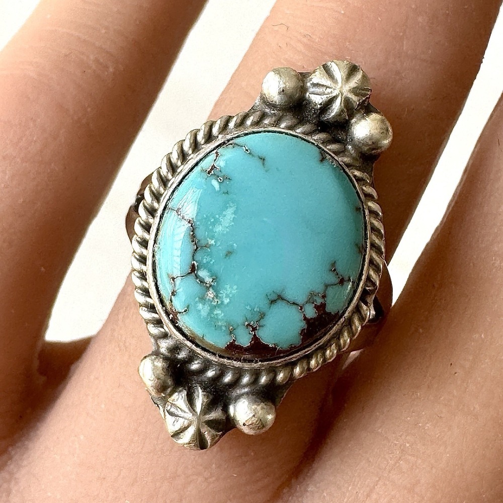 Navajo Turquoise Ring Sz 8 Signed R Native American Handmade Sterling Siver